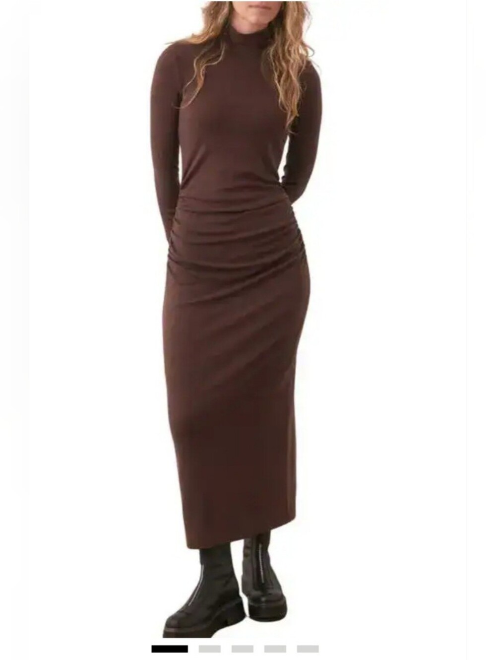 Marine Layer Lexi Brown Ruched Turtleneck Long Sleeve Rib Midi Dress